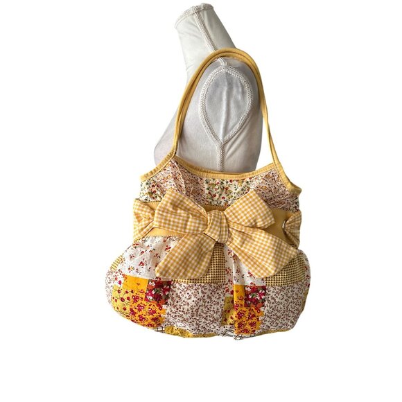 Yellow Floral Patchwork Shoulder Bag With Gingham Bow By Chateau Vintage Read - Picture 1 of 12